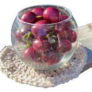 BOWL of CHERRIES Green Stems Glass Bowl Centerpiece Fruit Decor  Rim 4.5 in